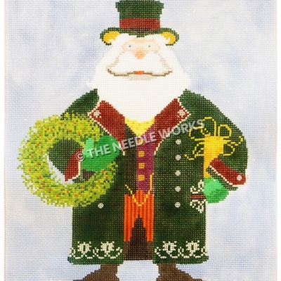 Santa in green suit holding wreath and present