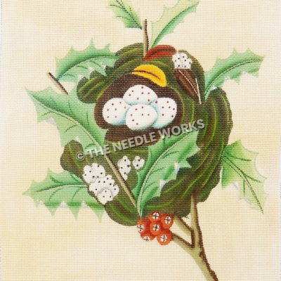 white eggs with red dots in nest with white flowers with black dots, holly leaves, and berries