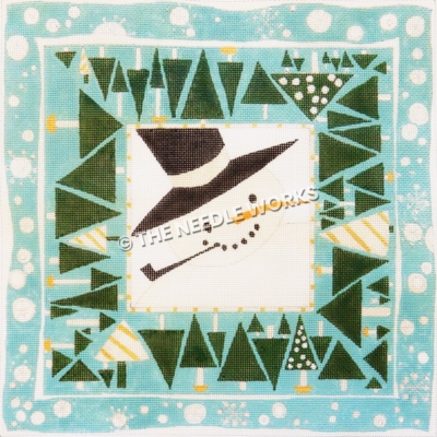snowman with hat and pipe in center square bordered by green tree triangles and snowflakes on light blue