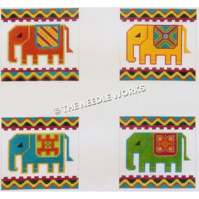 individual squares with colorful elephants with geometric blankets and wavy blue, red, green and black border