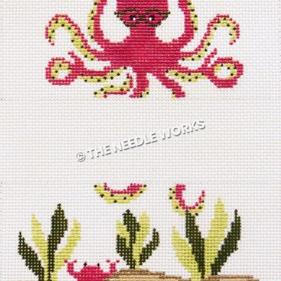 3 sections with pink octopus wearing glasses on top, white section in middle, and ocean floor with seaweed and crab on bottom