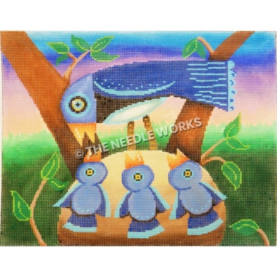 blue bird feeding three baby birds in nest with green, pink, purple, and blue background