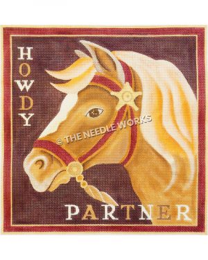 light brown horse with blonde hair on dark red background and HOWDY PARTNER in yellow and gold letters