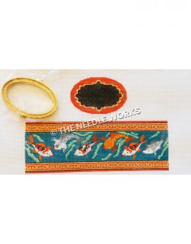box with coy fish with red and gold trim and black, gold and red oval top