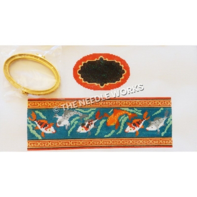 box with coy fish with red and gold trim and black, gold and red oval top