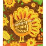 orange, yellow, and brown turkey on brown background with yellow flowers surrounding