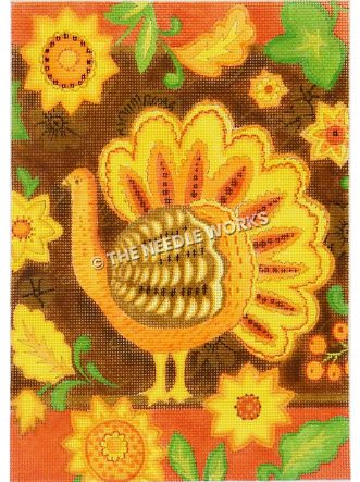 orange, yellow, and brown turkey on brown background with yellow flowers surrounding
