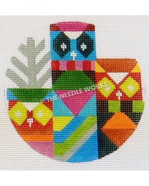 abstract owls in multiple colors and geometric patterns with silver tree in background