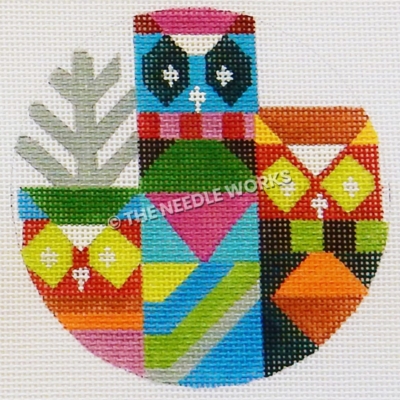 abstract owls in multiple colors and geometric patterns with silver tree in background
