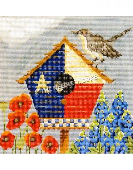 birdhouse with Texas flag design and mockingbird on top with red poppies and bluebonnets below