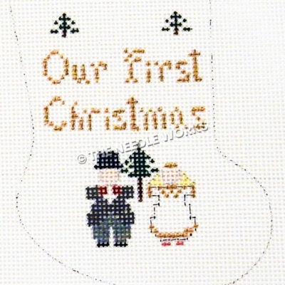 white stocking with couple and three Christmas trees and Our First Christmas written in gold