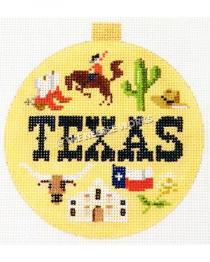round yellow ornament with TEXAS in middle with Texan icons surrounding including the Alamo, yellow rose Texas flag and cowboys