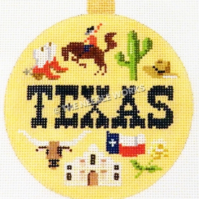 round yellow ornament with TEXAS in middle with Texan icons surrounding including the Alamo, yellow rose Texas flag and cowboys
