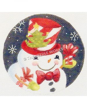 round ornament with snowman wearing pink hat with candy cane pattern and Christmas tree, red bowtie, holding red and white presents