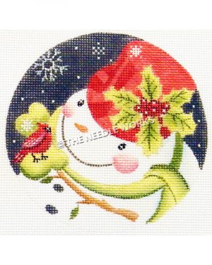 round ornament with snowman wearing pink hat with mistletoe, green scarf, looking closely at red bird on bow