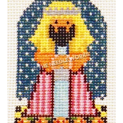 one of three kings in orange, pink and blue robe with yellow head covering with silver crown on yellow and black checkered floor and starry sky background and dark border with orange flowers