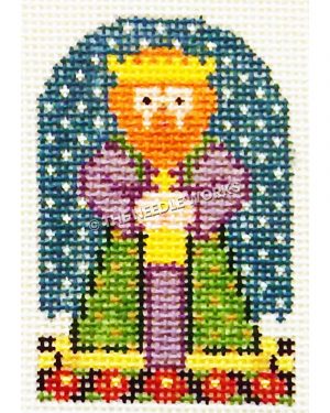 one of three kings with orange hair in purple and green robe with crown on yellow and black checkered floor and starry sky background and dark border with red flowers