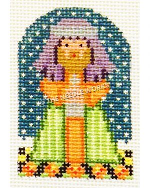 one of three kings in orange and green robe with purple head covering on yellow and black checkered floor and starry sky background and dark border with orange flowers