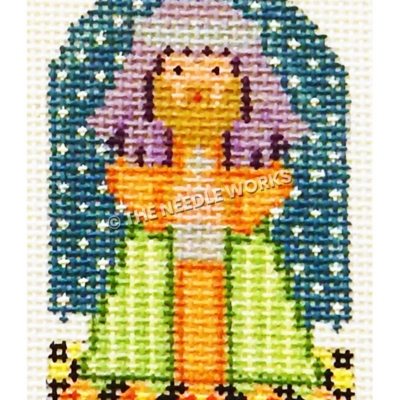 one of three kings in orange and green robe with purple head covering on yellow and black checkered floor and starry sky background and dark border with orange flowers