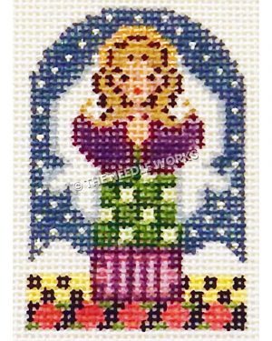 angel in purple and green dress with white flowers on yellow and black checkered floor and dark blue star background and black border with pink flowers