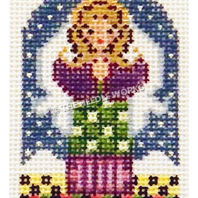 angel in purple and green dress with white flowers on yellow and black checkered floor and dark blue star background and black border with pink flowers