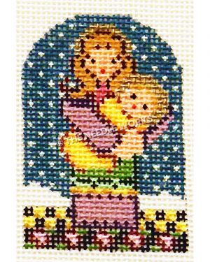 Mary wearing purple, green and yellow dress holding Jesus in yellow blanket on dark blue sky background with yellow and black checkered floor and black border with pink and purple flowers