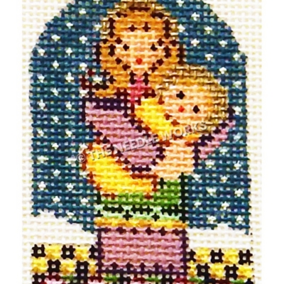 Mary wearing purple, green and yellow dress holding Jesus in yellow blanket on dark blue sky background with yellow and black checkered floor and black border with pink and purple flowers