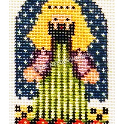 shepherd with green, white, and purple tunic and yellow head covering with dark blue starry background and yellow and black checkered floor and black border with red flowers