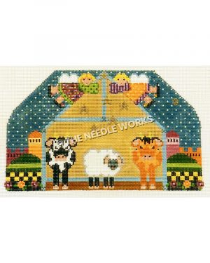 black and white cow, white sheep, and orange and brown cow in yellow barn with blonde angels flying ahead and starry sky in background with ancient buildings and hills