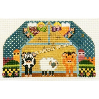 black and white cow, white sheep, and orange and brown cow in yellow barn with blonde angels flying ahead and starry sky in background with ancient buildings and hills