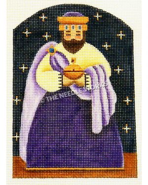 one of the three kings from nativity scene wearing purple and gold robe on dark blue starry sky