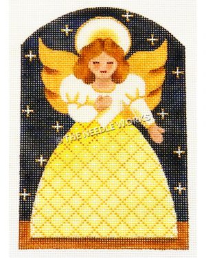 brunette angel in gold and white dress on dark blue starry sky