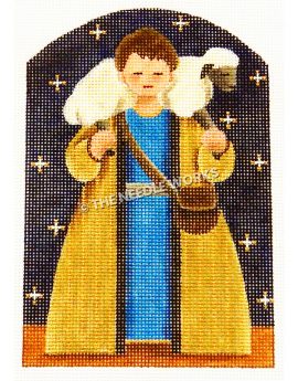 shepherd carrying sheep wearing blue tunic and gold robe on dark blue star background