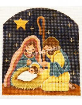 baby Jesus, Mary, and Joseph with bright star and dark blue starry sky