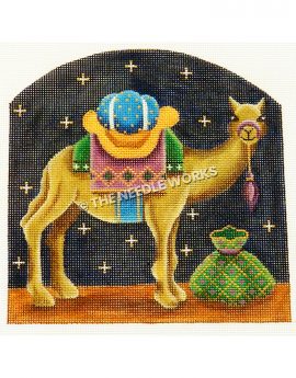 camel with pink and green blankets and green sack on dark blue starry sky