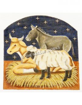 horse, donkey and sheep nativity scene with blue starry sky