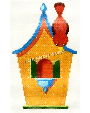 orange birdhouse with green shutters on window and blue roof with red bird looking down