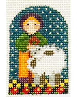 white lamb and shepherd in green and orange outfit with purple hat on blue starry sky background on yellow and black checkered floor and black border with pink flowers