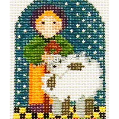 white lamb and shepherd in green and orange outfit with purple hat on blue starry sky background on yellow and black checkered floor and black border with pink flowers