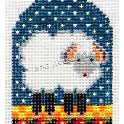 gray and white lamb on orange and yellow checkered floor on blue starry sky and black border with red flowers
