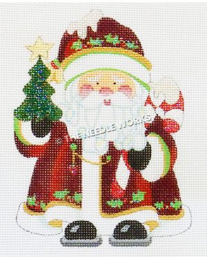 Santa holding candy cane and green tree with star and holly trim