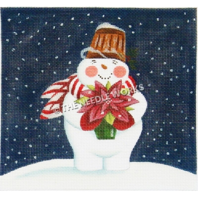 snowman holding poinsettia wearing red and white scarf and brown hat on dark blue sky background with snowflakes