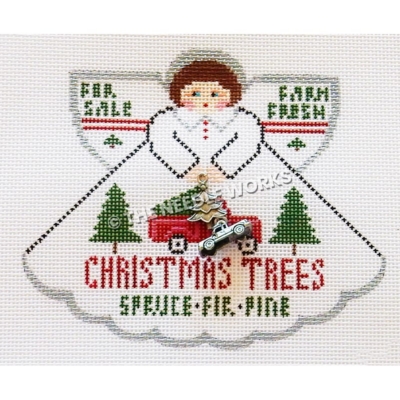 brunette angel in white dress with green trees and red truck with Christmas trees spruce, fir, pine, for sale, farm fresh written on dress and wings, holding metal charm of tree and truck