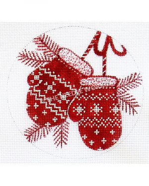 white ornament with red mittens and pine branches