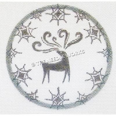 white ornament with silver deer and snowflakes on border