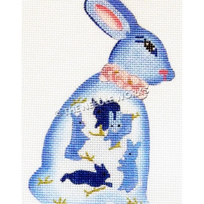 blue and white bunny with smaller blue bunnies on side wearing pink collar