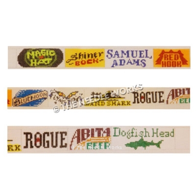 three white belts with various beer logos