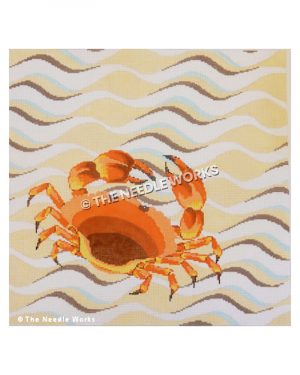 red crab walking on yellow, white, blue and black wave pattern