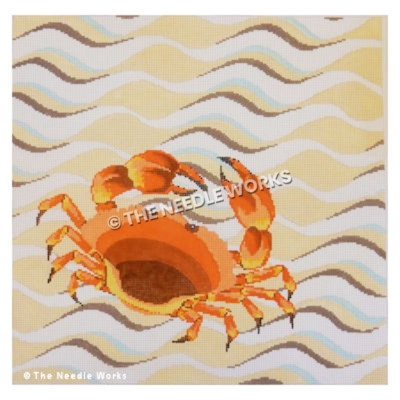 red crab walking on yellow, white, blue and black wave pattern