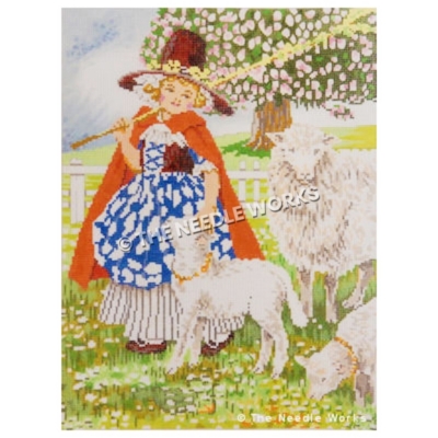 Mary and her little lamb wearing blue and white dress and red cape with maroon hat with yellow flowers with lambs, white fence, and large tree with pink flowers in background